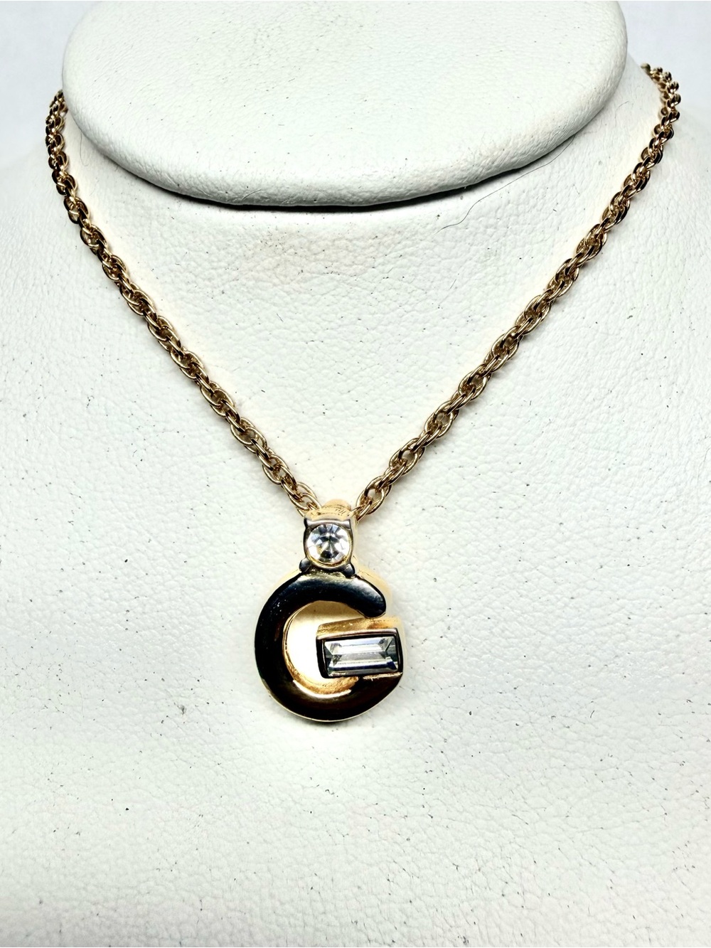 GIVENCHY Vintage G gold tone pendant necklace with Crystals Retail $420
